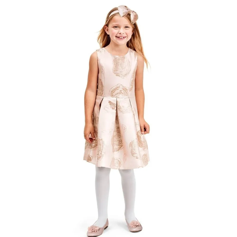 Girls Pink Rose Gold Brocade Jacquard Formal Flower Roses Dress Size 4t